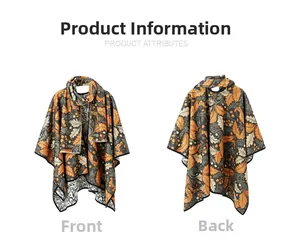 Front and back detail of hooded shawl with vintage autumn leaf patterns in earth tones