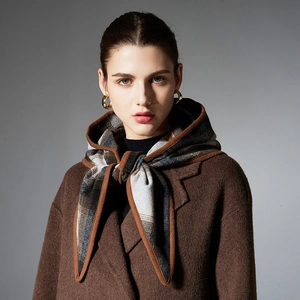 Plaid balaclava hooded shawl and triangle scarf set in brown wool for women