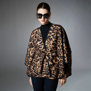 Elegant leopard print women's poncho shawl with waist belt for autumn and winter fashion