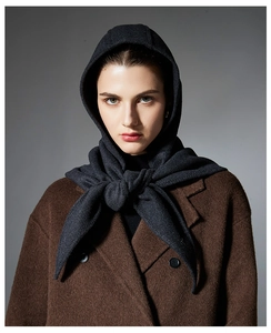 Detail of premium charcoal knit balaclava hooded scarf showing rich wool texture and soft drape