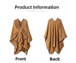 Brown knitted poncho detail showing front wrap design and back drape with leather trim