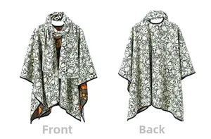 Front and back view of floral double-sided shawl with detailed blue flower patterns