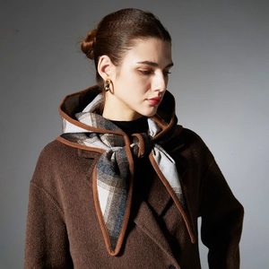 Plaid wool balaclava scarf paired with a dark brown autumn winter wool coat