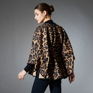 Chic leopard print women's long shawl cape with loose fit and elegant brown patterns