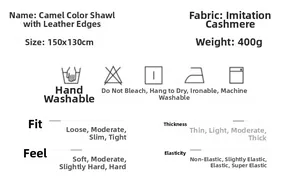 Detailed size chart and care guide for camel faux cashmere poncho with leather edging