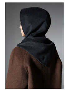 Detail view of the heavy navy wool balaclava hood texture with a brown wool coat back