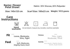 Detailed fabric specs for reversible floral shawl with material and washing guide