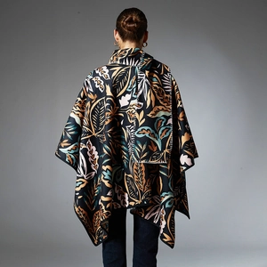 Women's reversible paisley shawl cape with tropical leaf print in elegant navy blue