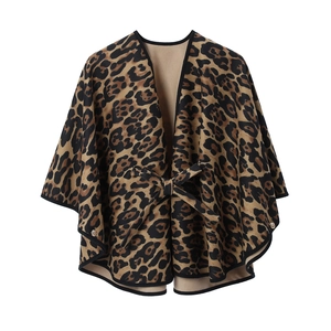 Women's leopard print mid-length shawl wrap with stylish belt bow and gold button details