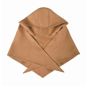 Detailed view of camel hooded scarf showing fine stitching and soft wool blend fabric