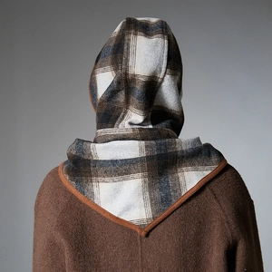 Winter wool plaid balaclava hooded scarf wrap with classic brown and cream grid pattern