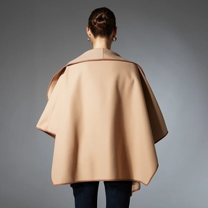 Fashionable camel wool cape shawl for women with elegant contrast binding and back view
