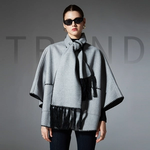Women Winter Warm Pocket Shawl Cape With Integrated Scarf Tassels Whipstitch Embroidery Heavy Poncho Outerwear Lady Wrap