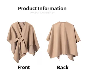 Front and back views of a camel sleeveless wrap shawl with a crisscross design detail