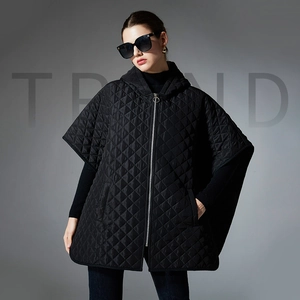 Women's Quilted Hooded Poncho Zippered Diamond Pattern Warm Shawl Cape Winter Windproof Loose Mid-length Outerwear Black