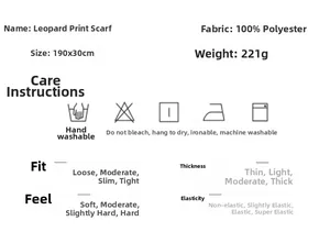 Detailed chart showing 100% polyester leopard scarf size 190x30cm and care instructions