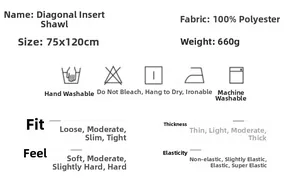 Detail chart of solid color sleeveless shawl showing fabric specs and washing instructions