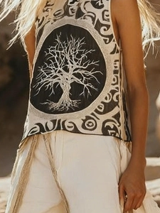 Women's V-neck top with bohemian tree of life print in a black and white casual style