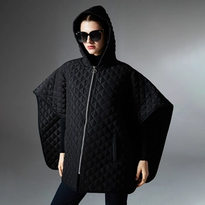 Women's black quilted hooded cape with front zipper and stylish diamond stitch pattern