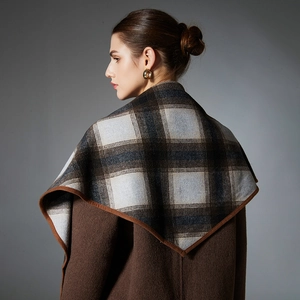 Fashionable brown wool plaid triangle shawl scarf with check pattern for autumn and winter