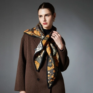 Elegant autumn leaf and flower print oversized triangular shawl in orange and brown