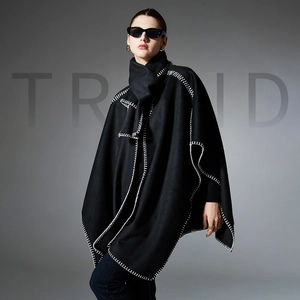 Women Contrast Whipstitch Cape And Scarf Set Minimalist Nordic Style Warm Soft Viscose Blend Shawl Wrap Outerwear