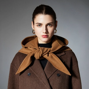 Premium solid color balaclava hooded scarf for women in earthy brown wool fabric