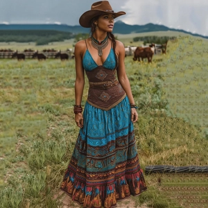 Detail van boheemse western maxi-jurk met V-hals en etnische turquoise print