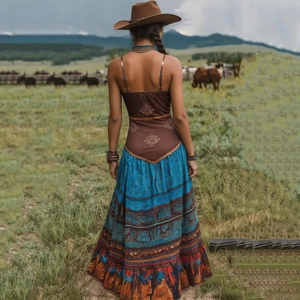 Achteraanzicht van een boho-maxi-jurk met gelaagde etnische patronen in een ranch-omgeving