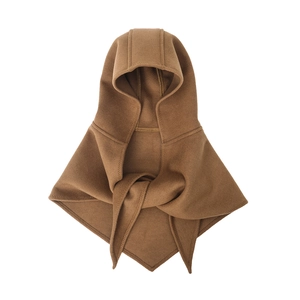 Elegant solid camel wool blend hooded balaclava scarf with triangular cape design