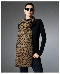 Detail of premium double-sided leopard print scarf with overlocked edges and soft texture