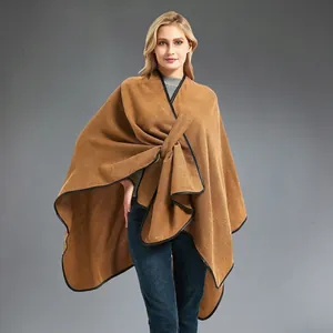 Elegant Cashmere-like Shawl Poncho With Leather Trim Warm Solid Color Cross Wrap Cape For Autumn Winter Casual Women Clothing