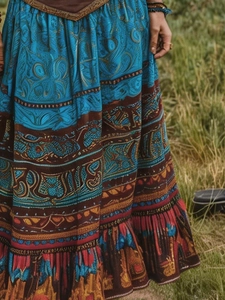 Boho western maxi-jurk met V-hals, turquoise etnische prints en ruches details