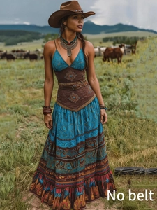 Lange vintage western jurk met V-hals bohemien borduursel en gelaagde rok voor dames