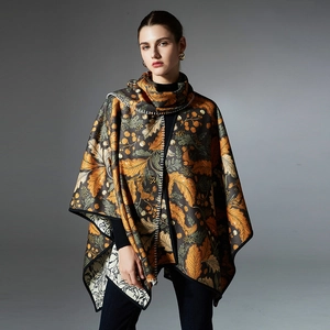 Elegant floral print shawl poncho with autumn leaves and contrast stitching for women