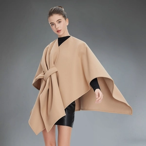 Elegant camel sleeveless shawl cape with a large twist knot design for women