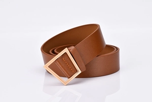 Detail of dark brown leather belt with elegant square metal buckle and neat stitching