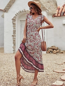 Vestido Largo Bohemio para Mujer Estampado Floral Cuello en V Mangas con Volantes Casual Playa Vacaciones Dobladillo Irregolare