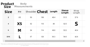 Size chart showing shoulder, bust, and length measurements for women's bomber jacket