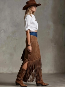 Western style brown suede fringe skirt with irregular denim waist and tassel hemline