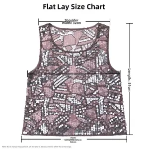 Detailed size chart for sequined tank top with flat measurements for bust and length