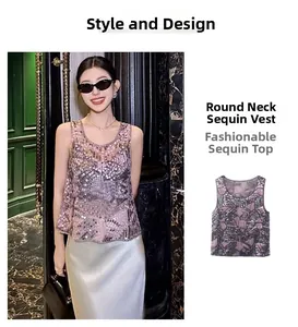 Detail of pink round neck sequin vest featuring geometric sparkling patterns and beads