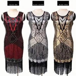 1920s Gatsby vintage sequin fringe dresses in black red, silver, and gold colors