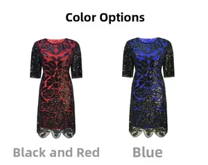 Detail view of black-red and blue sequined 1920s vintage party dresses with wavy hems