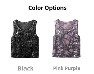 Detail display of sequined tank tops in black and pink purple with geometric textures