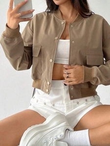 Women's cropped khaki baseball jacket with flap pockets and a relaxed drop shoulder fit