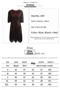 Size chart for vintage 1920s flapper dress with sequins showing S-XXL measurements
