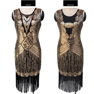 Front and back view of a 1920s vintage sequin tassel dress in black and gold for parties