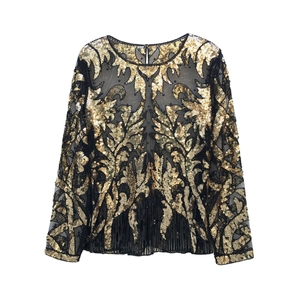 Women Elegant Sequin Long Sleeve Mesh Top Round Neck Transparent Sparkly Party Blouse Shiny Botanical Floral Embroidery Clubwear