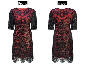 Front and back view of a 1920s vintage sequin cocktail party dress with scalloped hem